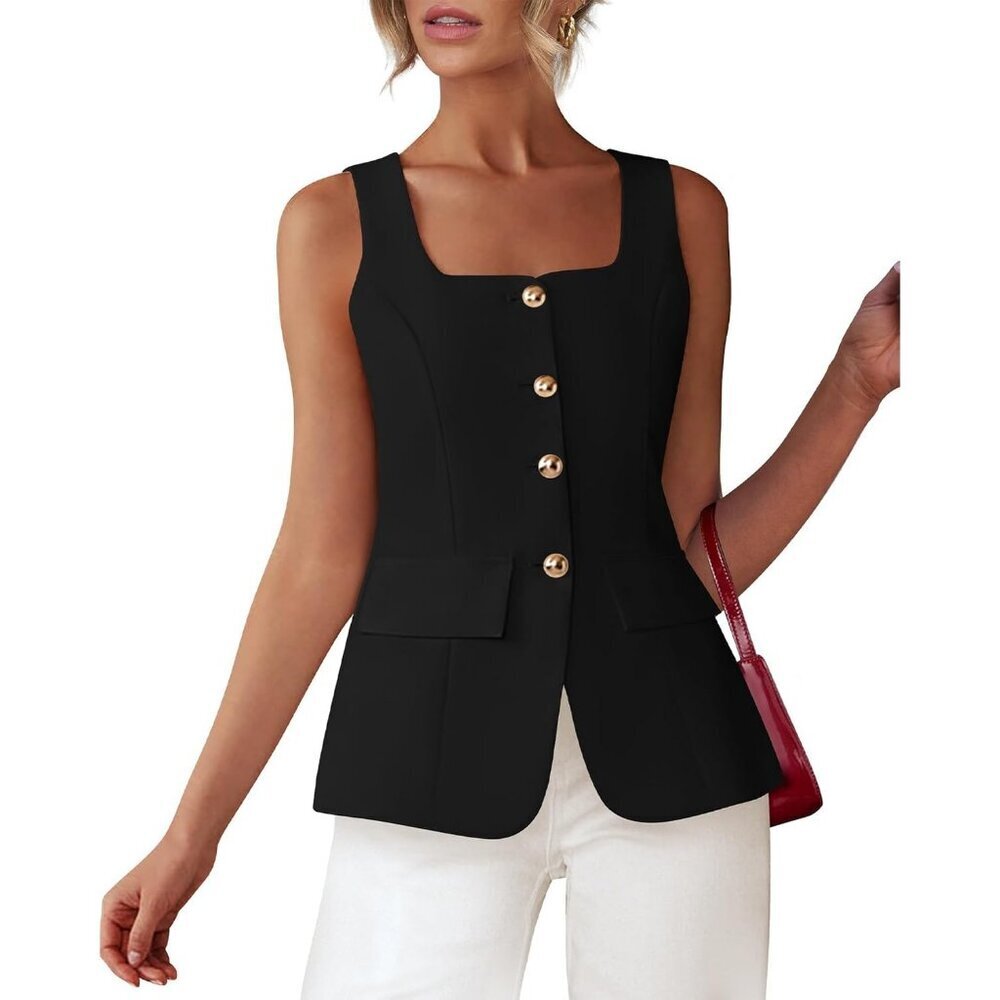Women's Black Sleeveless Suit Vests Dressy Casual Square Neck Business Work